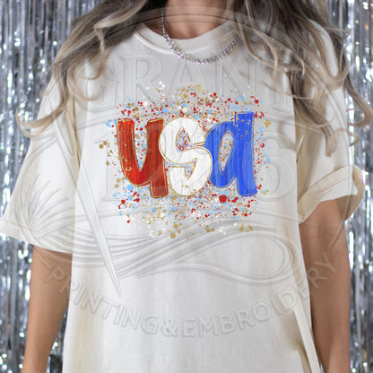 White patriotic USA graphic t-shirt with trendy Americana splatter design