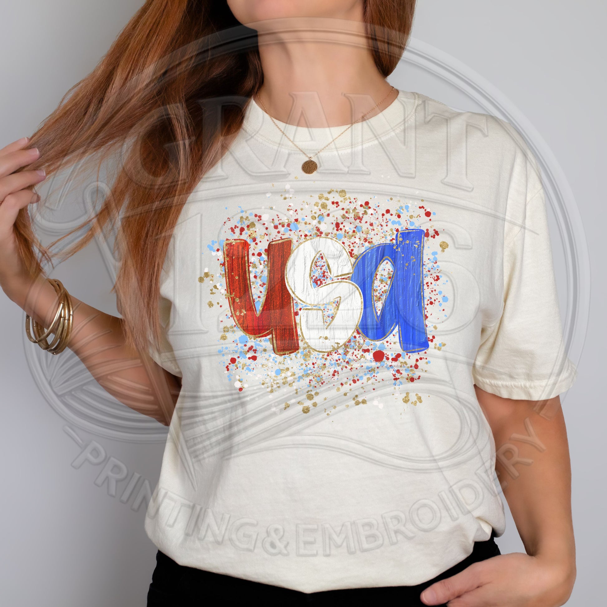 Cream USA patriotic graphic tee styled for trendy summer patriotic outfit