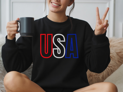 Black Gildan USA puff embroidered crewneck sweatshirt lifestyle view