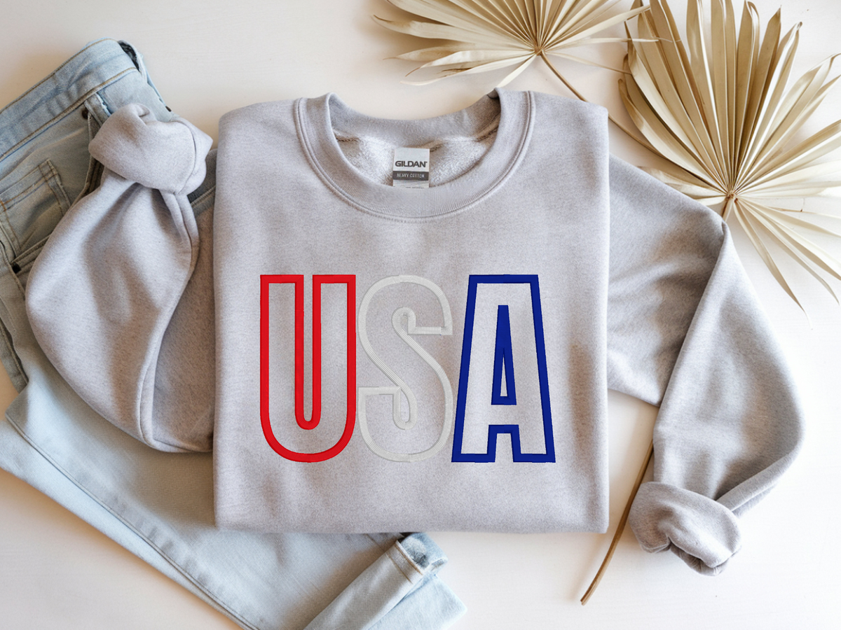 Ash Gildan USA puff embroidery crewneck sweatshirt flat lay