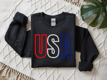 Black Gildan USA puff embroidery crewneck sweatshirt flat lay