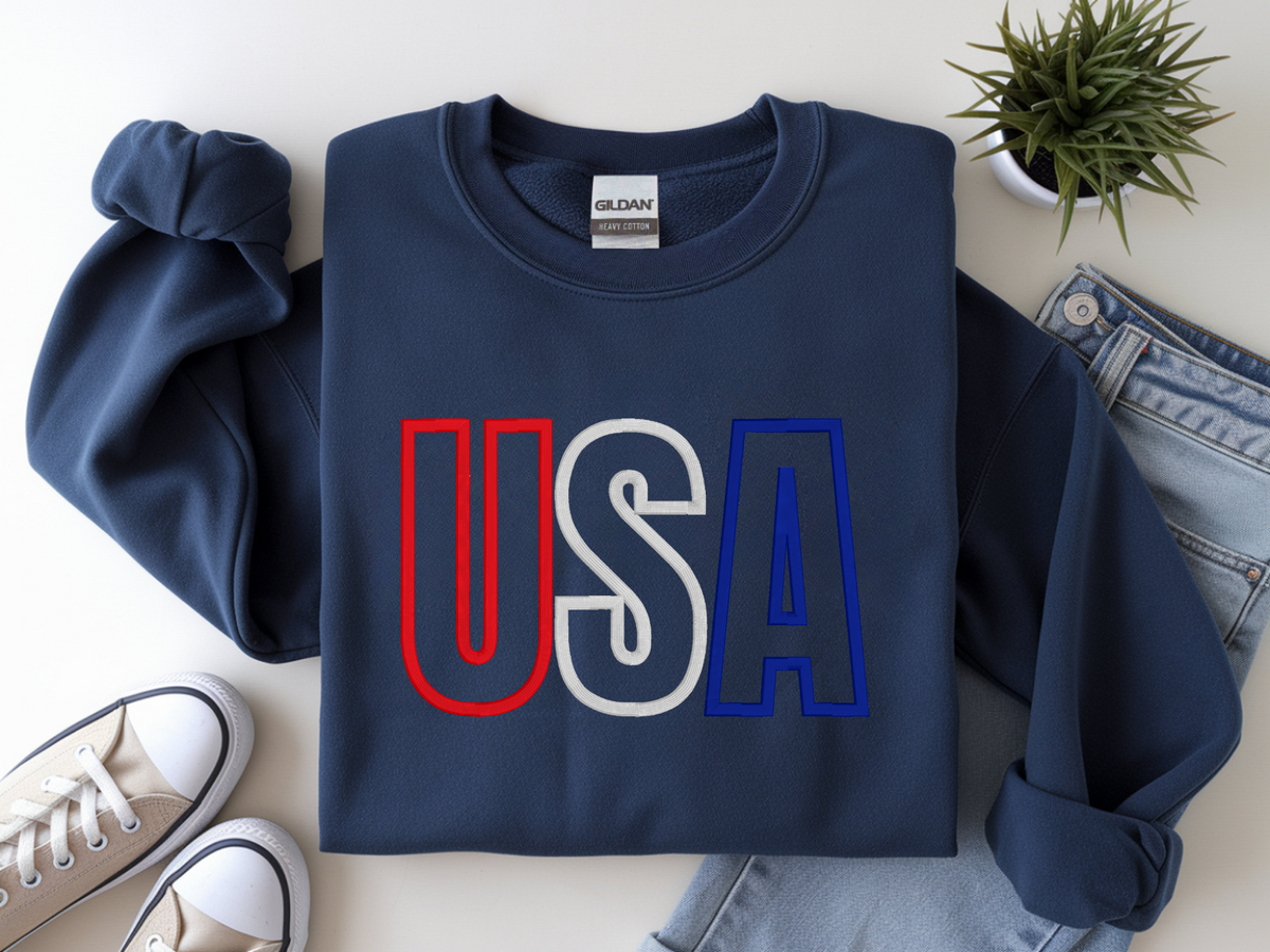 Navy Gildan USA puff embroidery crewneck sweatshirt flat lay