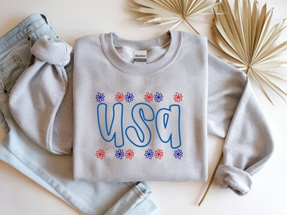 Ash Gildan USA puff-embroidery crewneck sweatshirt flat lay