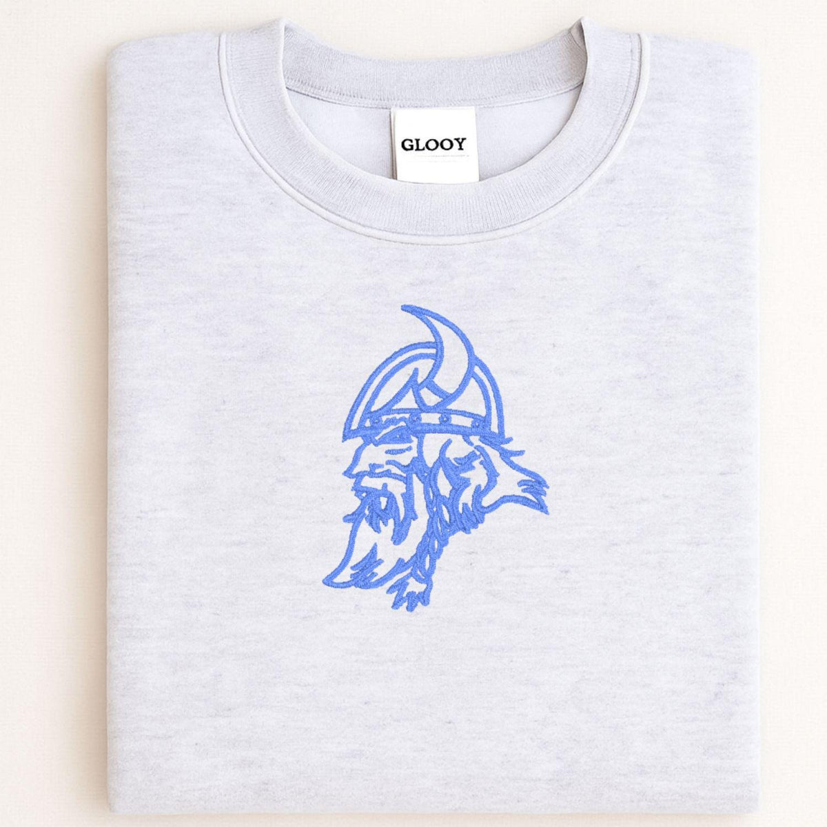 Sport gray Viking mascot embroidered crewneck folded for a front view