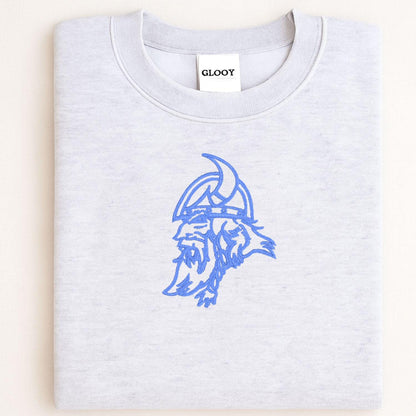 Sport gray Viking mascot embroidered crewneck folded for a front view
