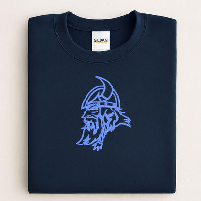 Navy sweatshirt with blue vintage Viking mascot embroidery folded flat