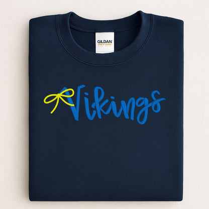Navy Vikings script embroidered sweatshirt folded for a front view