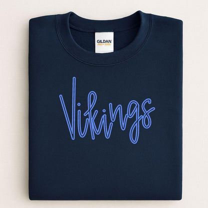 Folded navy crewneck with blue Vikings script puff embroidery