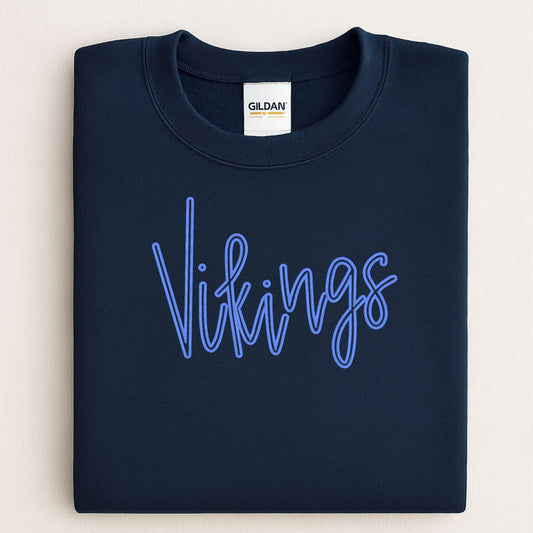Folded navy crewneck with blue Vikings script puff embroidery