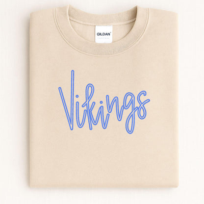 Folded sand crewneck with blue Vikings script embroidery