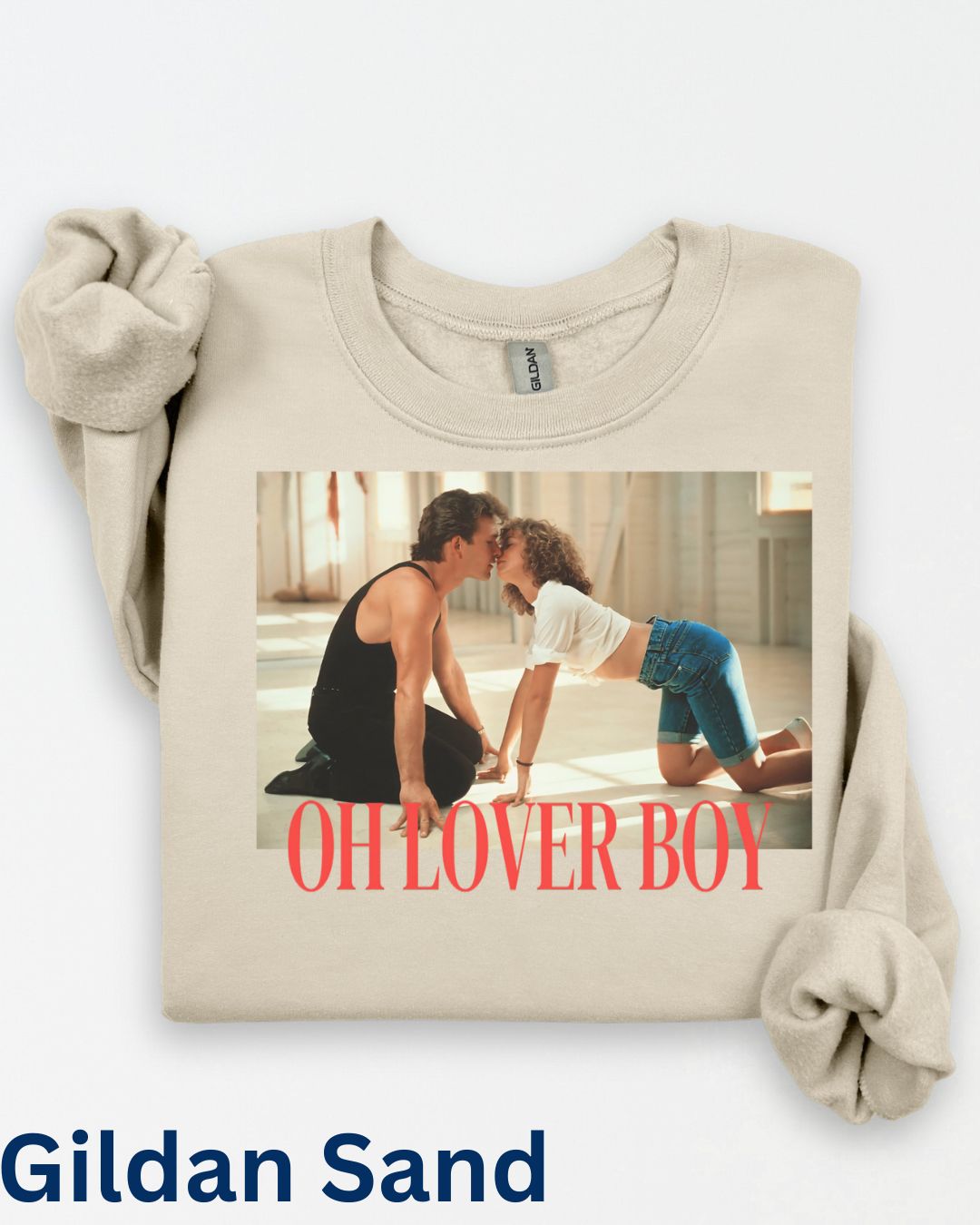 Vintage 80s romance sweatshirt on Gildan sand crewneck with retro movie dance scene graphic