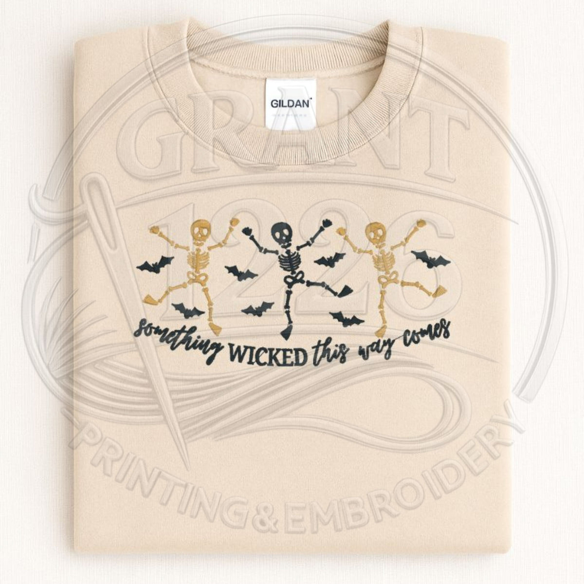 Sand Something Wicked This Way Comes embroidered Halloween sweatshirt with dancing skeleton design