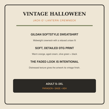 Gildan Softstyle fabric, DTG print and color details for the vintage jack-o-lantern Halloween sweatshirt.