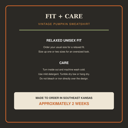 Fit, care and approximately two-week turnaround guide for the vintage jack-o-lantern sweatshirt.