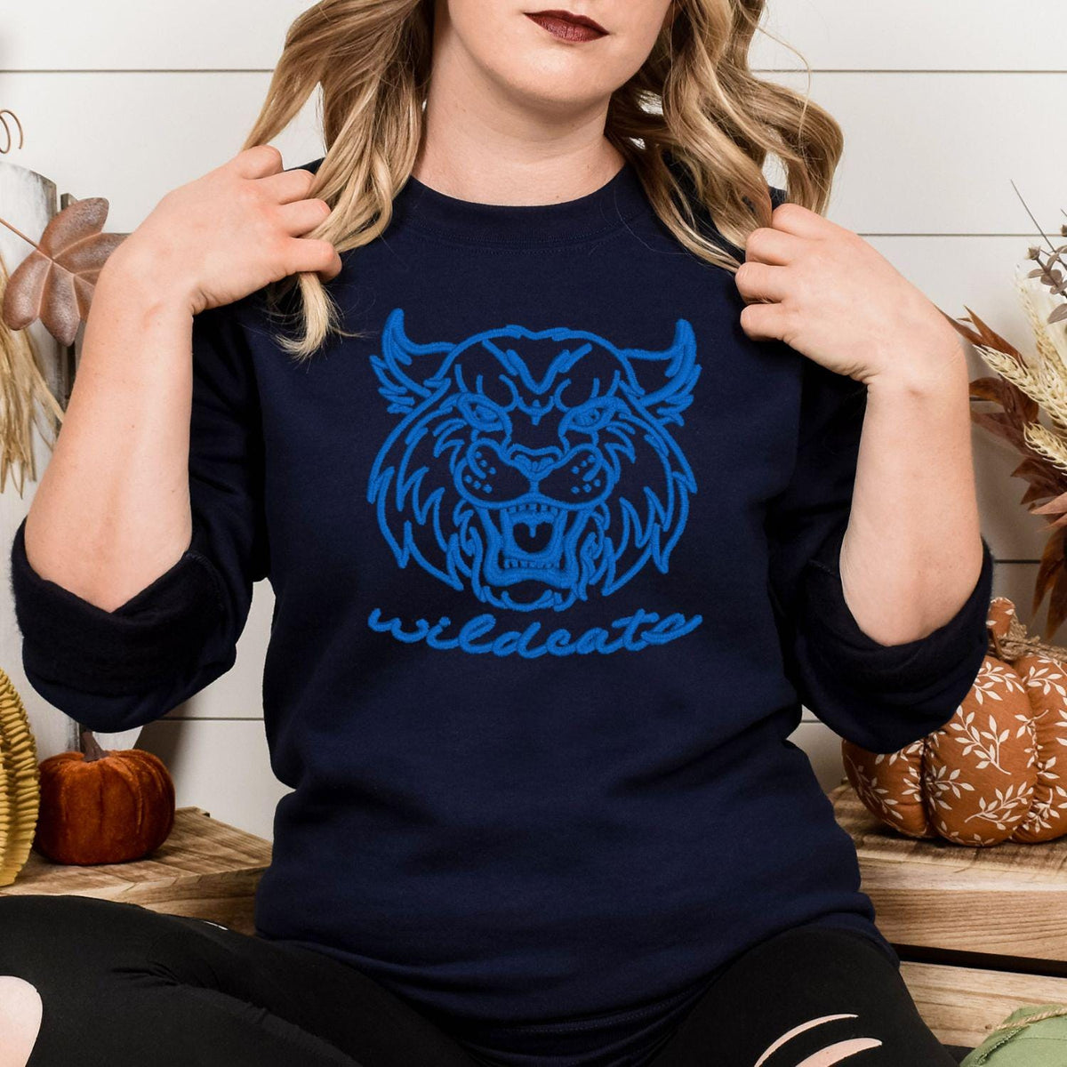 Navy sweatshirt with blue vintage Wildcats mascot embroidery modeled indoors
