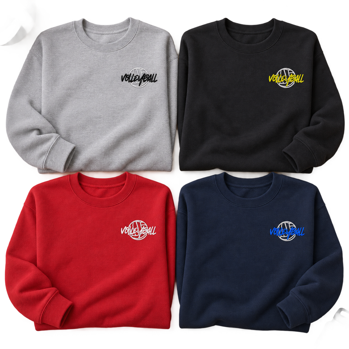 Sport Grey, black, red and navy volleyball crewneck sweatshirt color options with custom thread colors