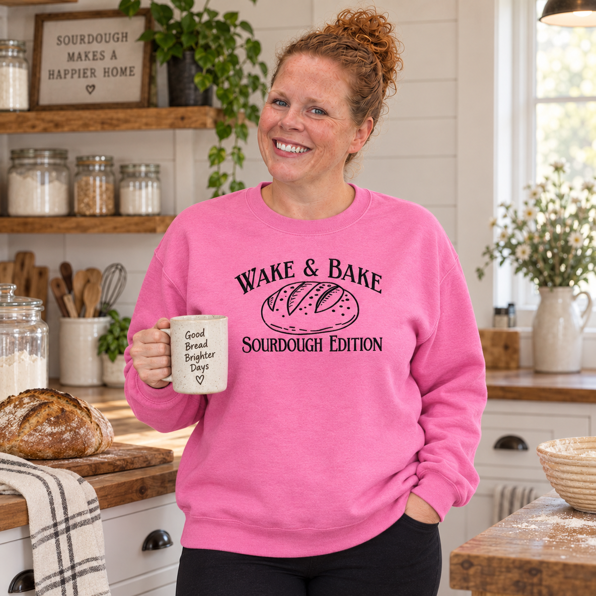 Samantha wearing a Heliconia Wake and Bake Sourdough Edition embroidered sweatshirt