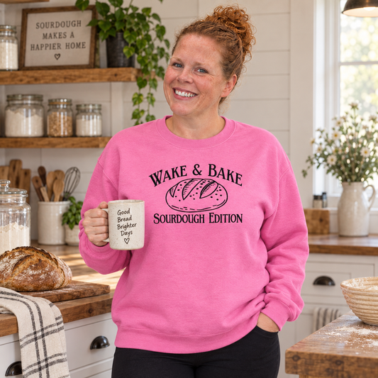 Samantha wearing a Heliconia Wake and Bake Sourdough Edition embroidered sweatshirt