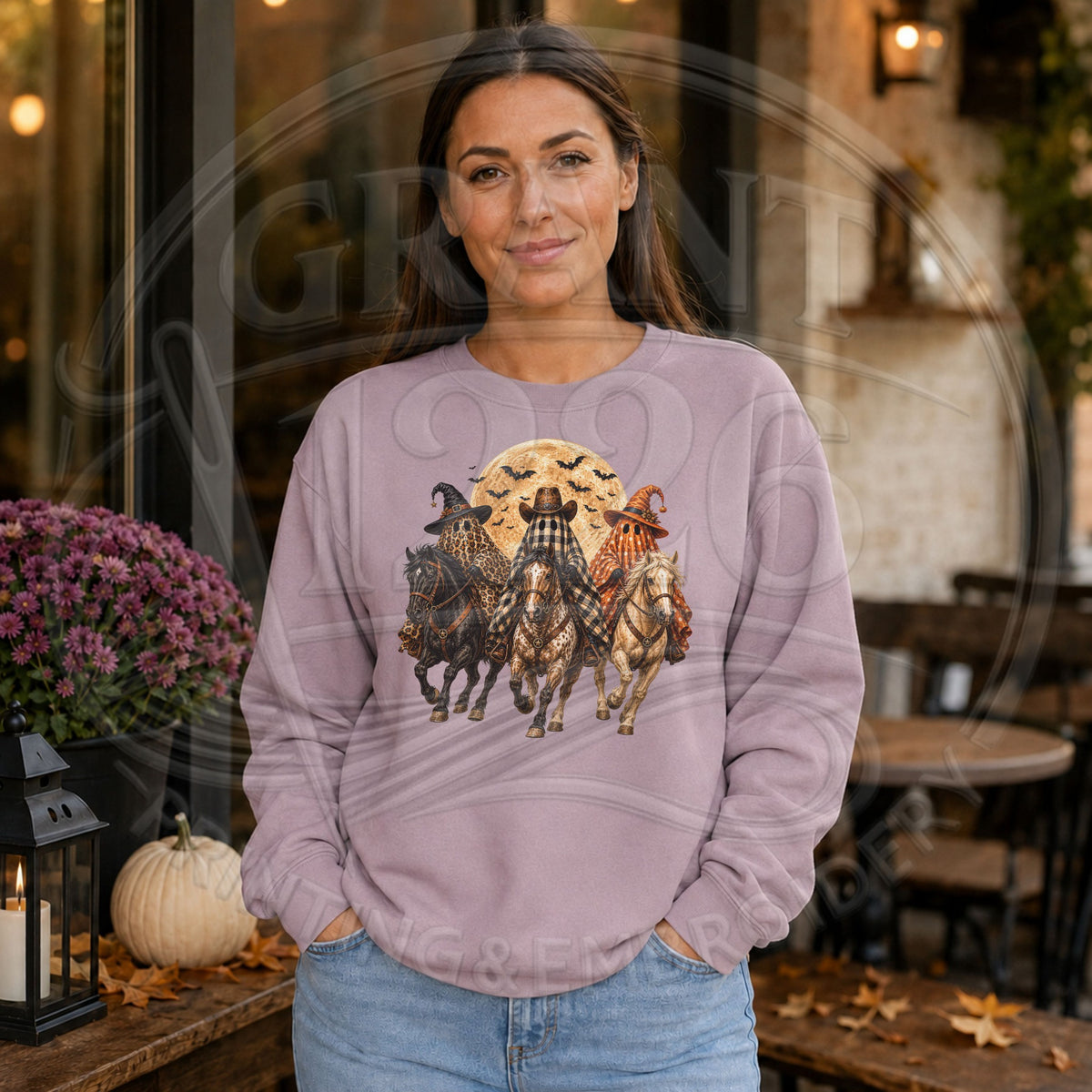 Paragon adult Gildan western ghost horse Halloween sweatshirt modeled