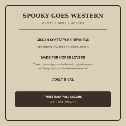 Product details for the western ghost horse Halloween Gildan Softstyle sweatshirt in Sage, Ash and Paragon.