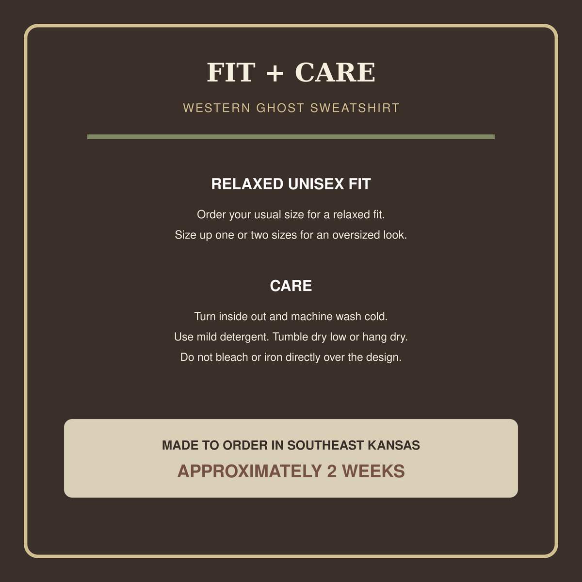 Fit, care and approximately two-week turnaround guide for the western ghost horse sweatshirt.