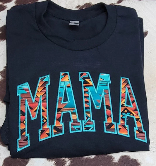 Folded black MAMA Aztec appliqué crewneck sweatshirt showing embroidered western design