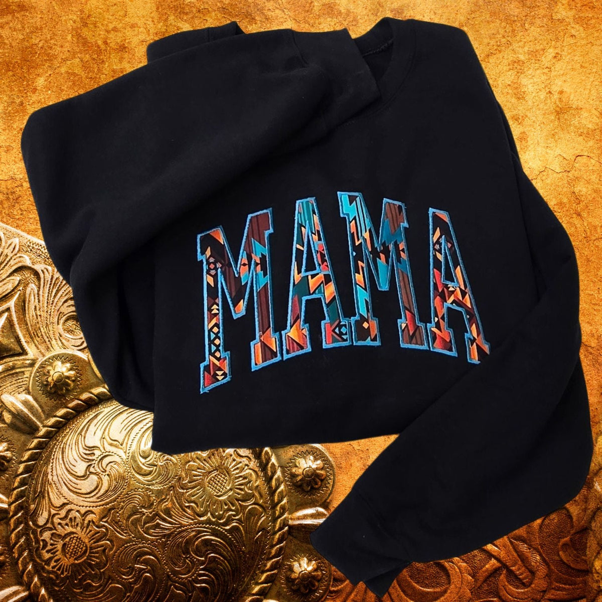 Black embroidered Mama crewneck styled with tooled Western saddle details