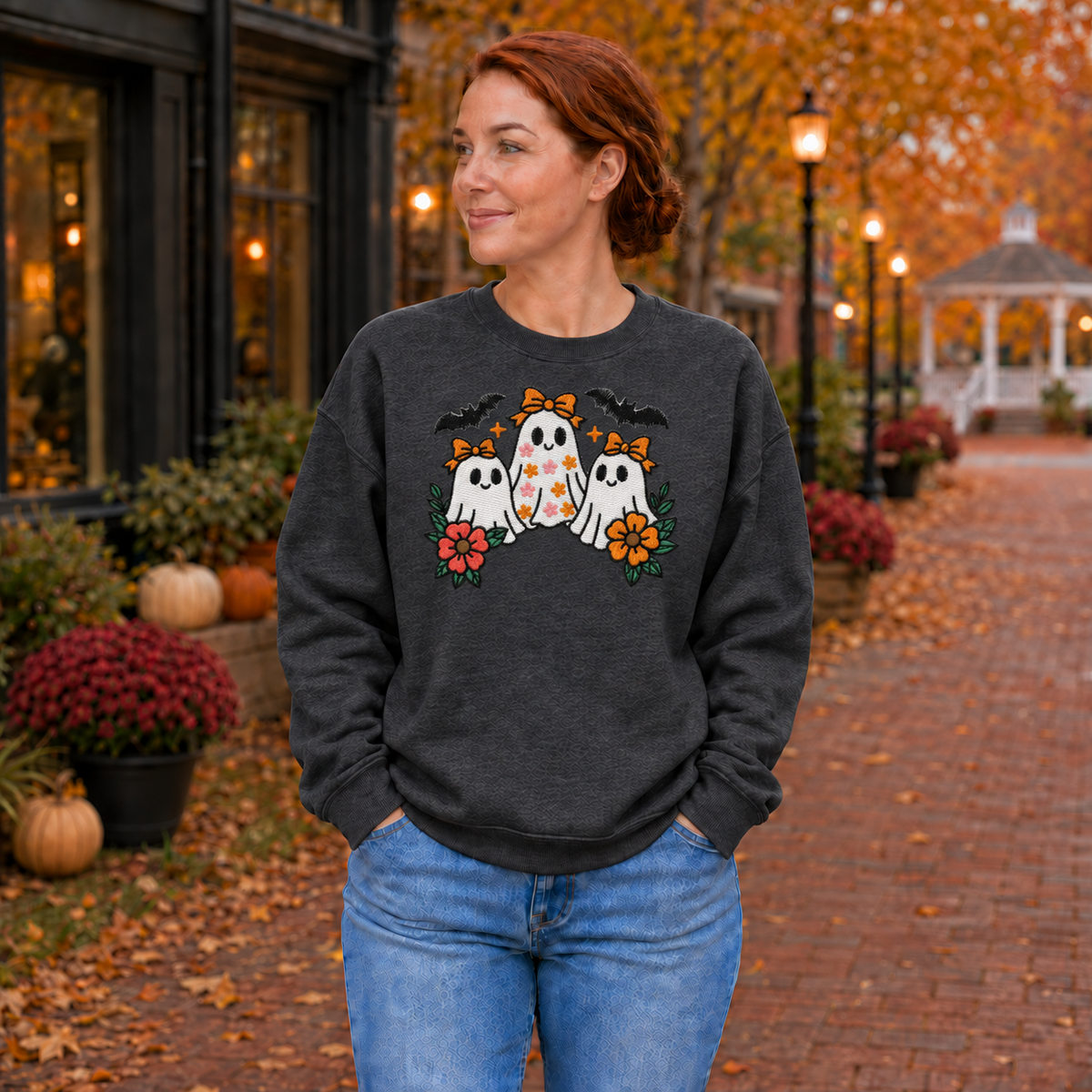 Heathered Black adult sweatshirt with embroidered white ghosts bats bows and flowers