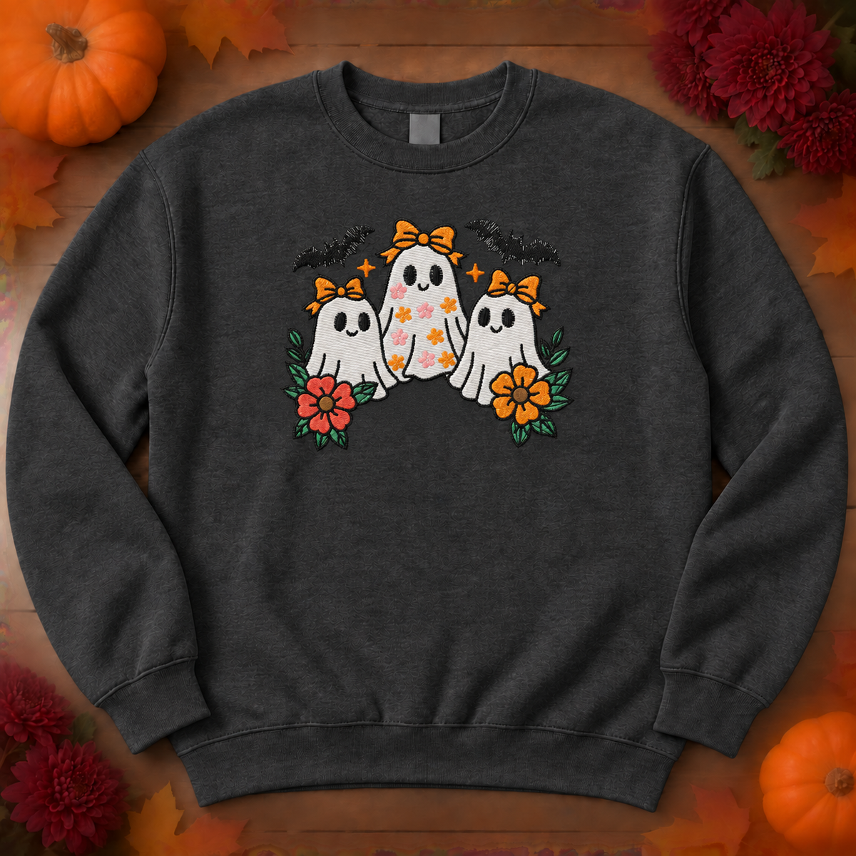 Heathered Black embroidered ghost trio sweatshirt flat lay with autumn decor