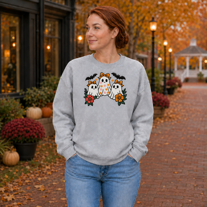 Sport Grey adult crewneck with embroidered white ghost trio and orange bows