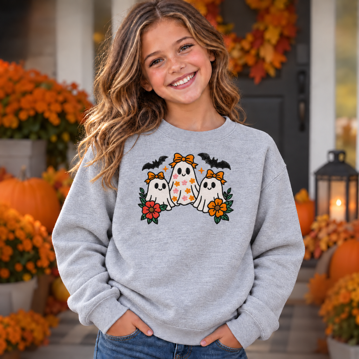 Girl wearing Sport Grey youth embroidered ghost trio Halloween sweatshirt
