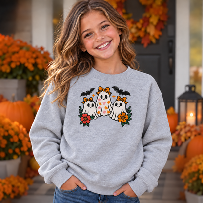 Girl wearing Sport Grey youth embroidered ghost trio Halloween sweatshirt