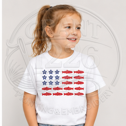 Toddler White patriotic fish flag embroidered T-shirt
