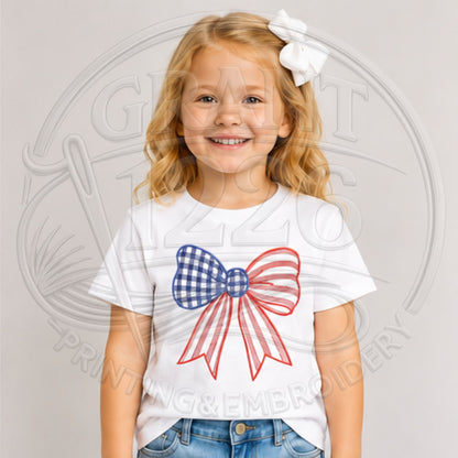 Toddler wearing White embroidered patriotic gingham bow shirt