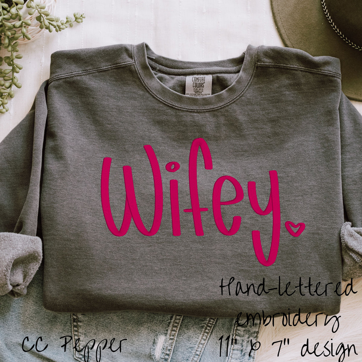 Pepper Comfort Colors crewneck embroidered with a bright pink Wifey design