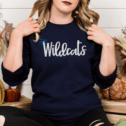 Front view of navy Wildcats script embroidered game day crewneck