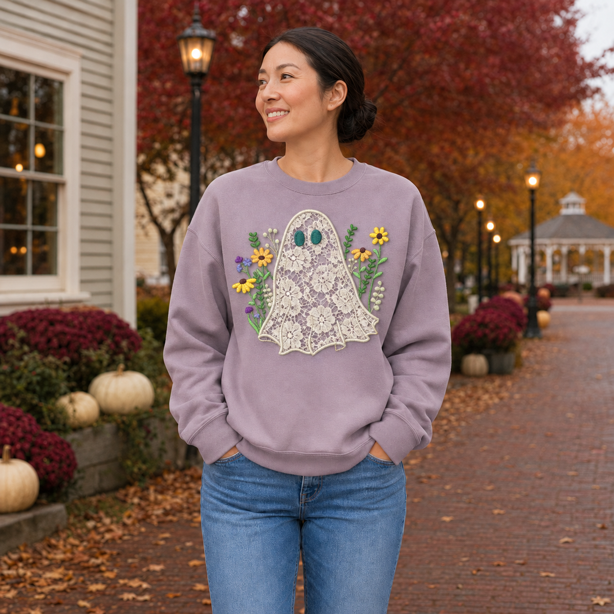 Paragon lavender sweatshirt with ivory lace ghost appliqué and bright embroidered wildflowers