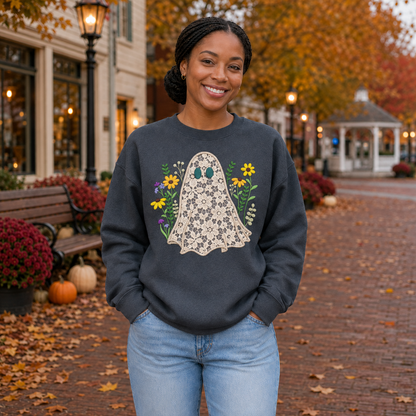 Dark heather Gildan Softstyle sweatshirt with centered ivory lace ghost appliqué and embroidered wildflowers