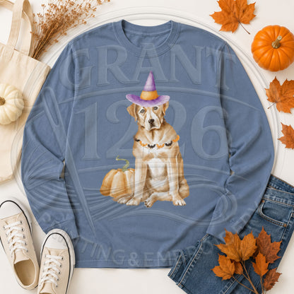 Blue Jean Comfort Colors long sleeve Halloween dog shirt flat lay with witch hat and pumpkin