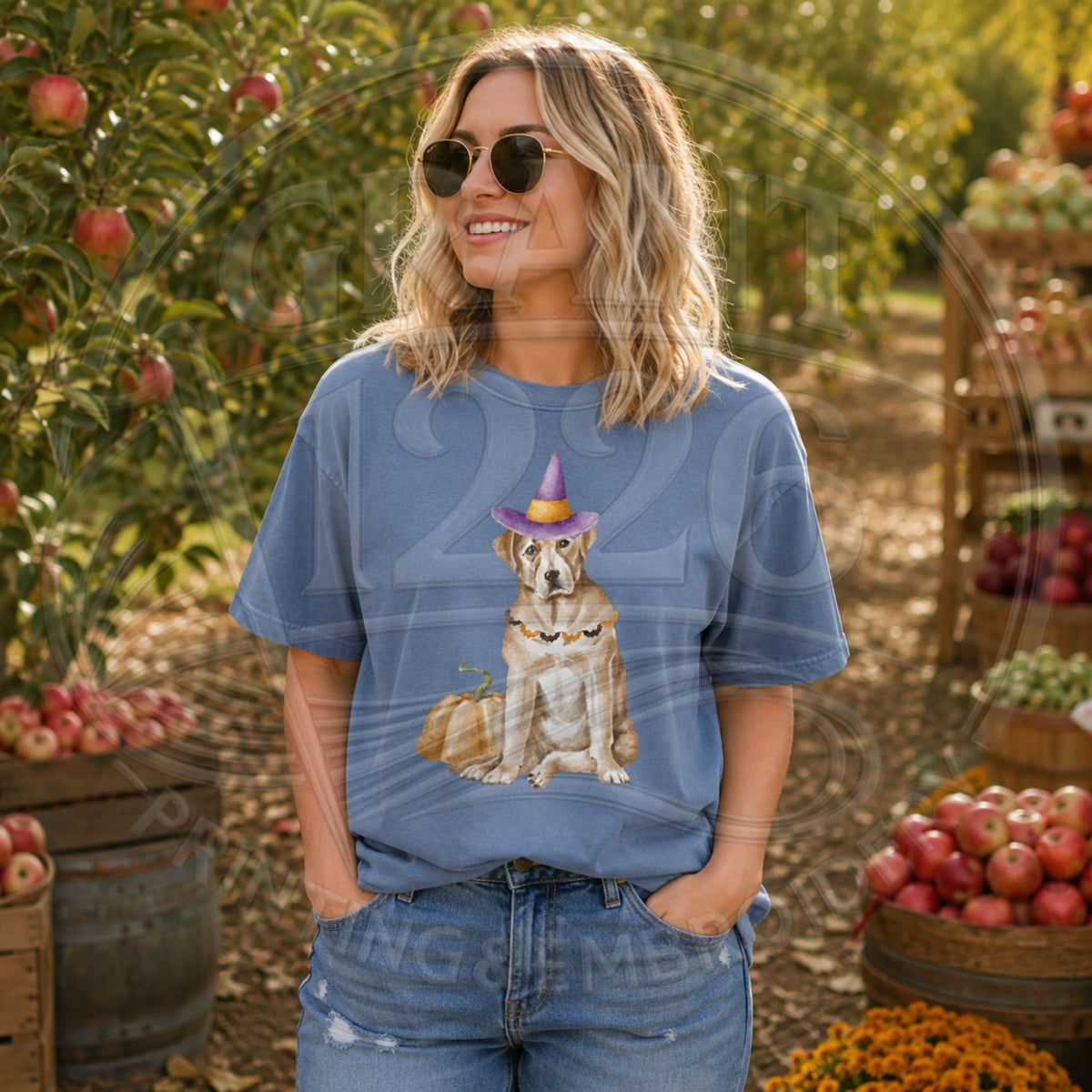 Blue Jean Comfort Colors short sleeve Halloween shirt with dog in witch hat and pumpkin