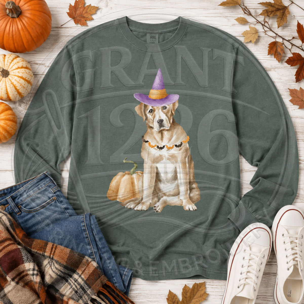 Blue Spruce Comfort Colors long sleeve Halloween dog shirt flat lay with witch hat and pumpkin
