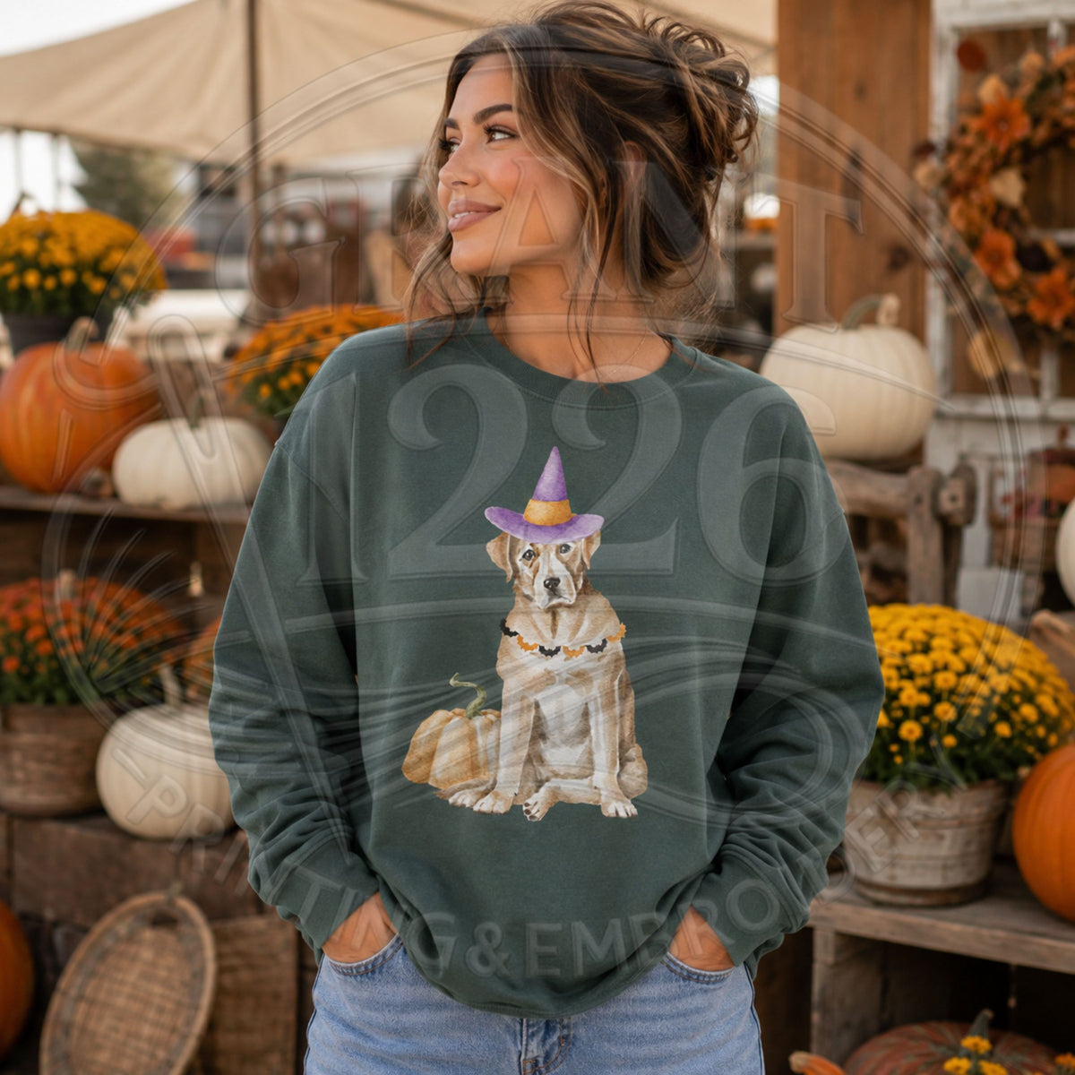 Blue Spruce Comfort Colors long sleeve Halloween shirt with dog in witch hat and pumpkin