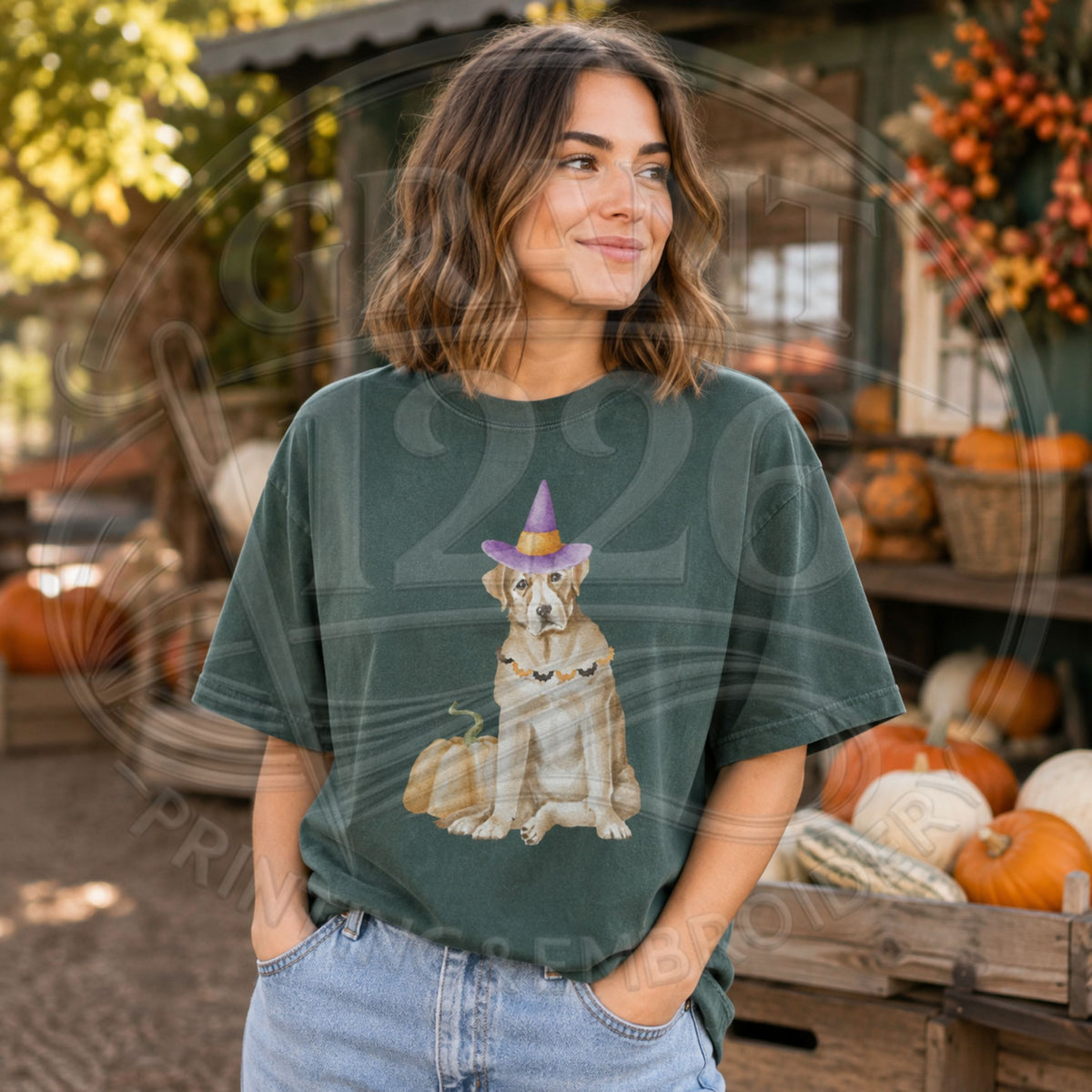 Blue Spruce Comfort Colors short sleeve Halloween shirt with dog in witch hat and pumpkin