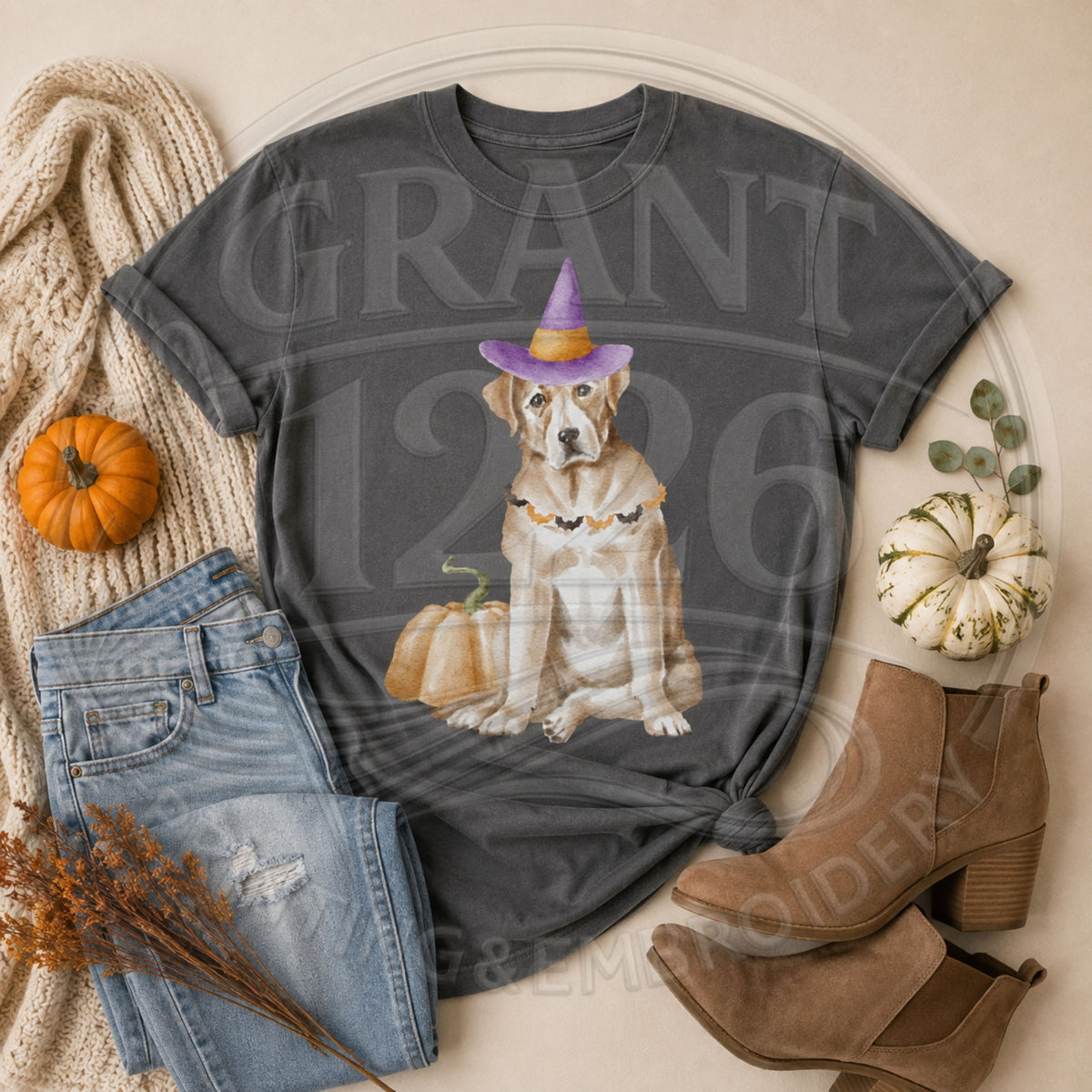 Pepper Comfort Colors short sleeve Halloween dog shirt flat lay with witch hat and pumpkin