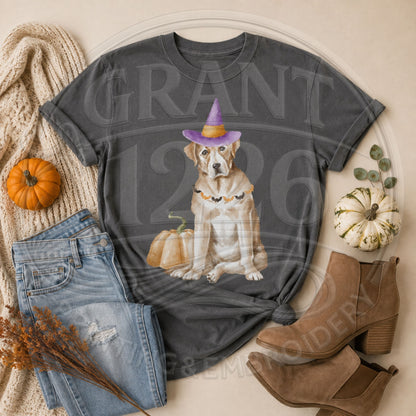 Pepper Comfort Colors short sleeve Halloween dog shirt flat lay with witch hat and pumpkin