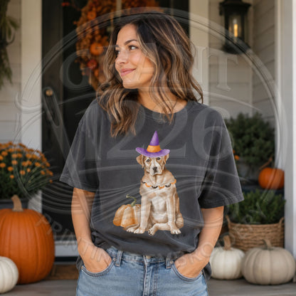 Pepper Comfort Colors short sleeve Halloween shirt with dog in witch hat and pumpkin