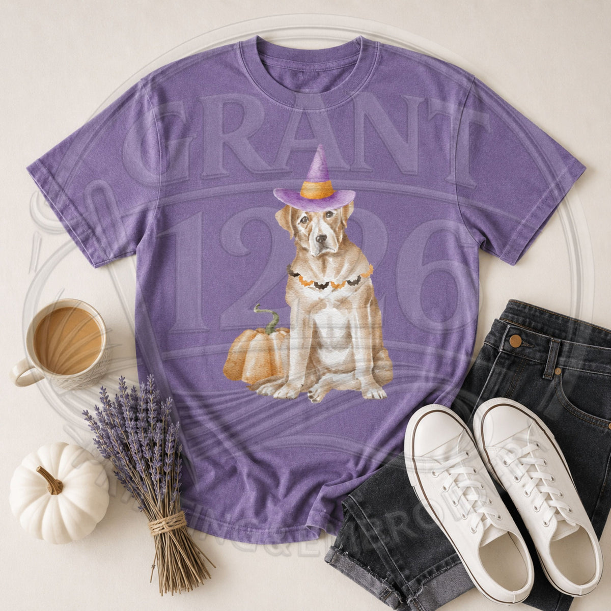 Violet Comfort Colors short sleeve Halloween dog shirt flat lay with witch hat and pumpkin
