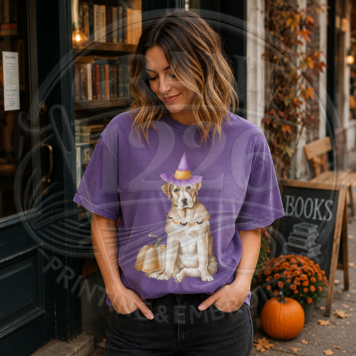 Violet Comfort Colors short sleeve Halloween shirt with dog in witch hat and pumpkin