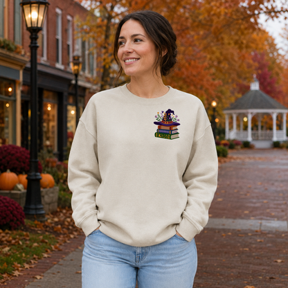 Woman wearing Sand Gildan Softstyle sweatshirt with floral witch hat and stacked books embroidery on the left chest