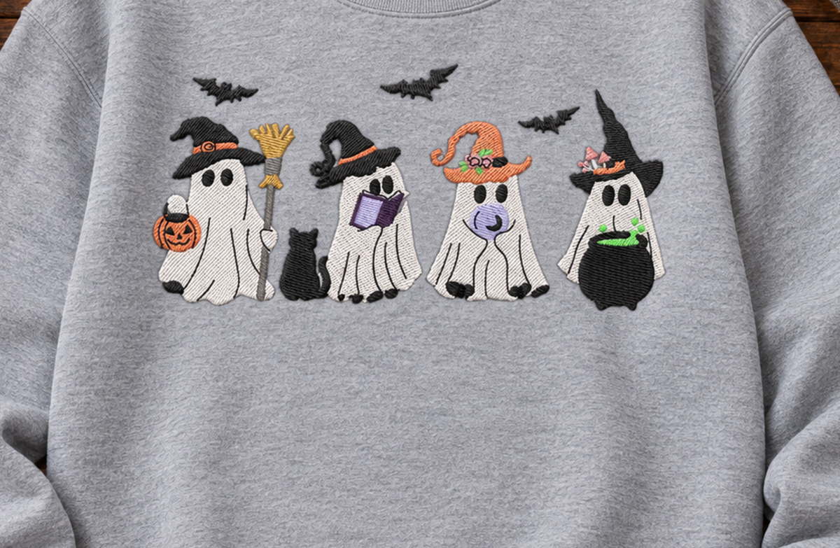 Close-up of four witchy ghosts machine embroidered on a Sport Grey sweatshirt